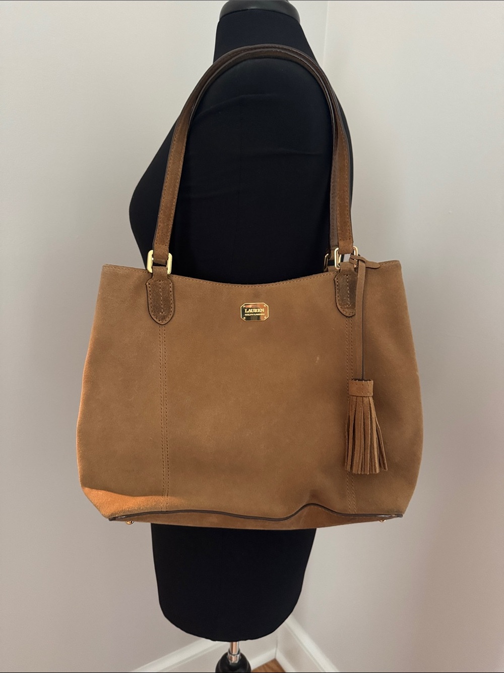 Lauren Ralph Lauren Camel Suede Tote with Tassel GUC